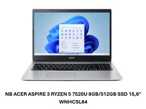 Notebook Acer Aspire 3 Ryzen 5 7520U 8GB/512 SSD 15,6”