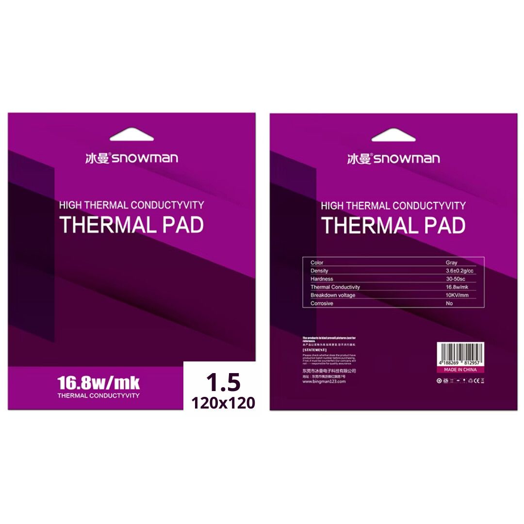 Pad Térmico Thermal Pad Snowman 120x120x1,5 mm 16.8w/mk Gris High Thermal Conductivity